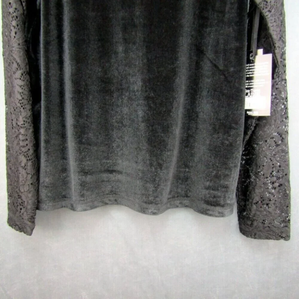 Cowgirl Tuff Black Velvet Long Lace Sleeve Top Womens Size L Velour New Tag - Picture 3 of 10